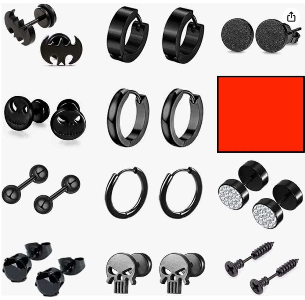11 Punk Pairs Earrings for Men, Stainless Steel Earrings- Black Silver